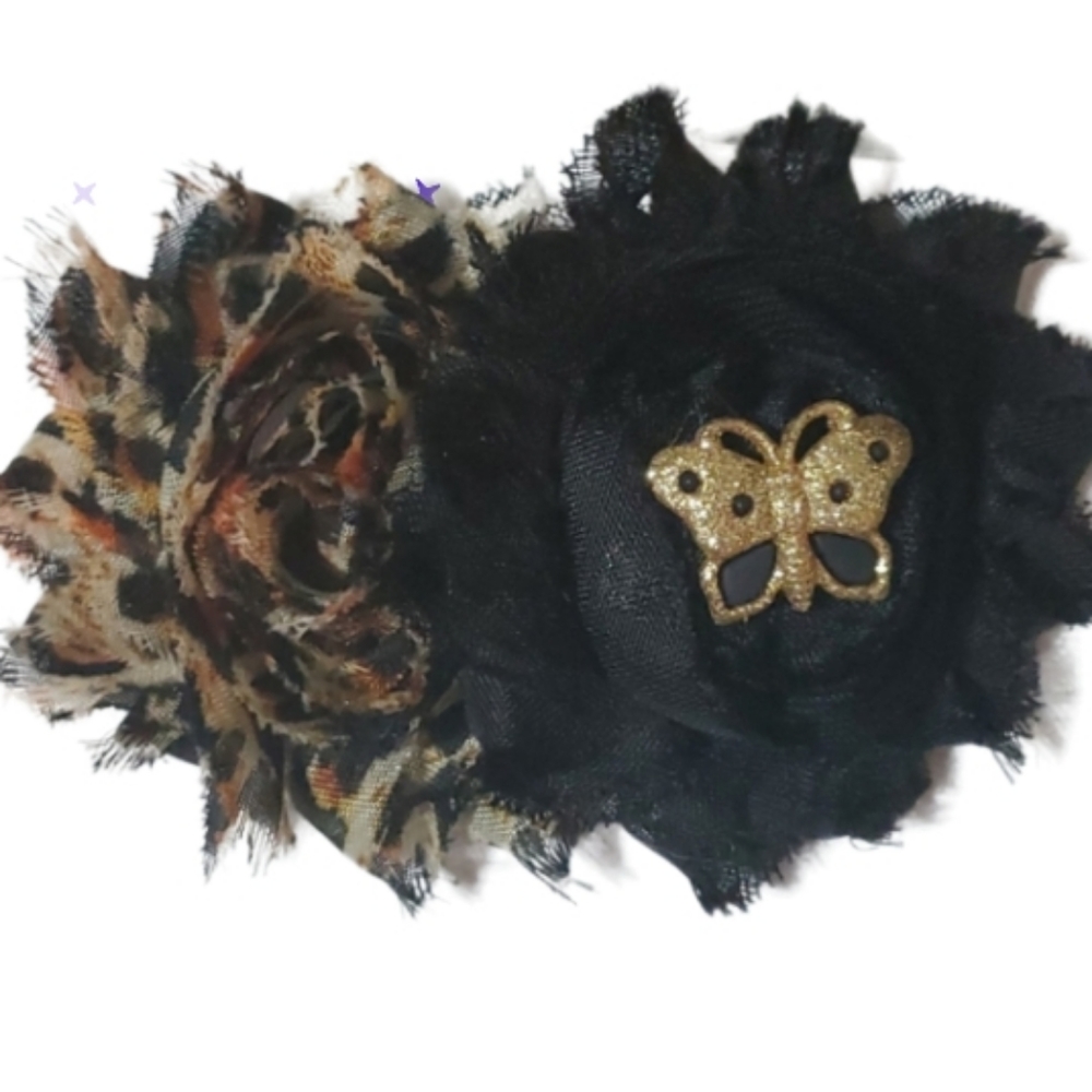 New cheetah butterfly rag flower barrette handmade